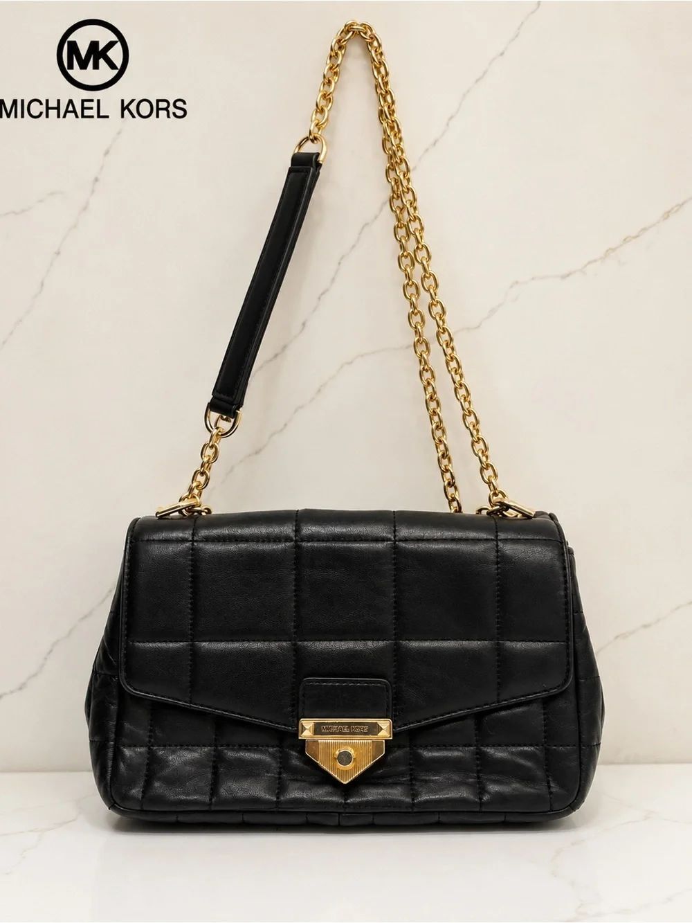 Michael Kors Soho Large Black Quilted Leather Shoulder Bag Gold Chain